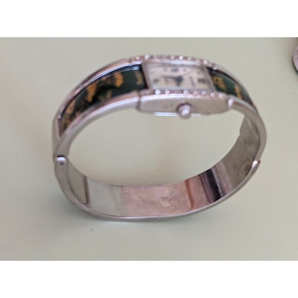 Vintage Domani Silver Tone Bangle Watch Yellow Florals on Green - Picture 2 of 10